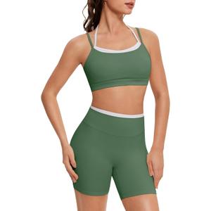 OMKAGI Workout Sets for Women Cute Doubel Layer Open Back Sports Bras Gym Shorts Outfits, S