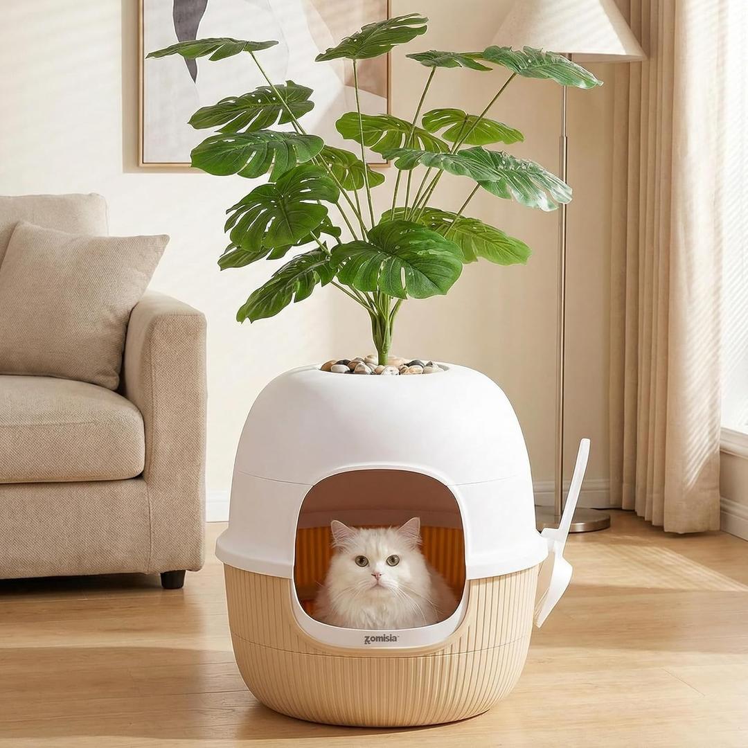 ZOMISIA Hidden Cat Litter Box with Faux Plant, Odor Control Litter Box Enclosure Furniture with Artificial Planter and Scoop, Easy to Assemble and Clean, White & Khaki