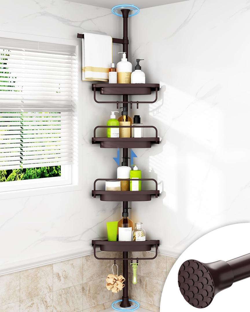 ALLZONE Rustproof Shower Caddy Corner for Bathroom, Bathtub Storage Organizer for Shampoo Accessories, 4-Tier Adjustable Shelves with Tension Pole, Fit Height 34 to 116 Inch, Brown