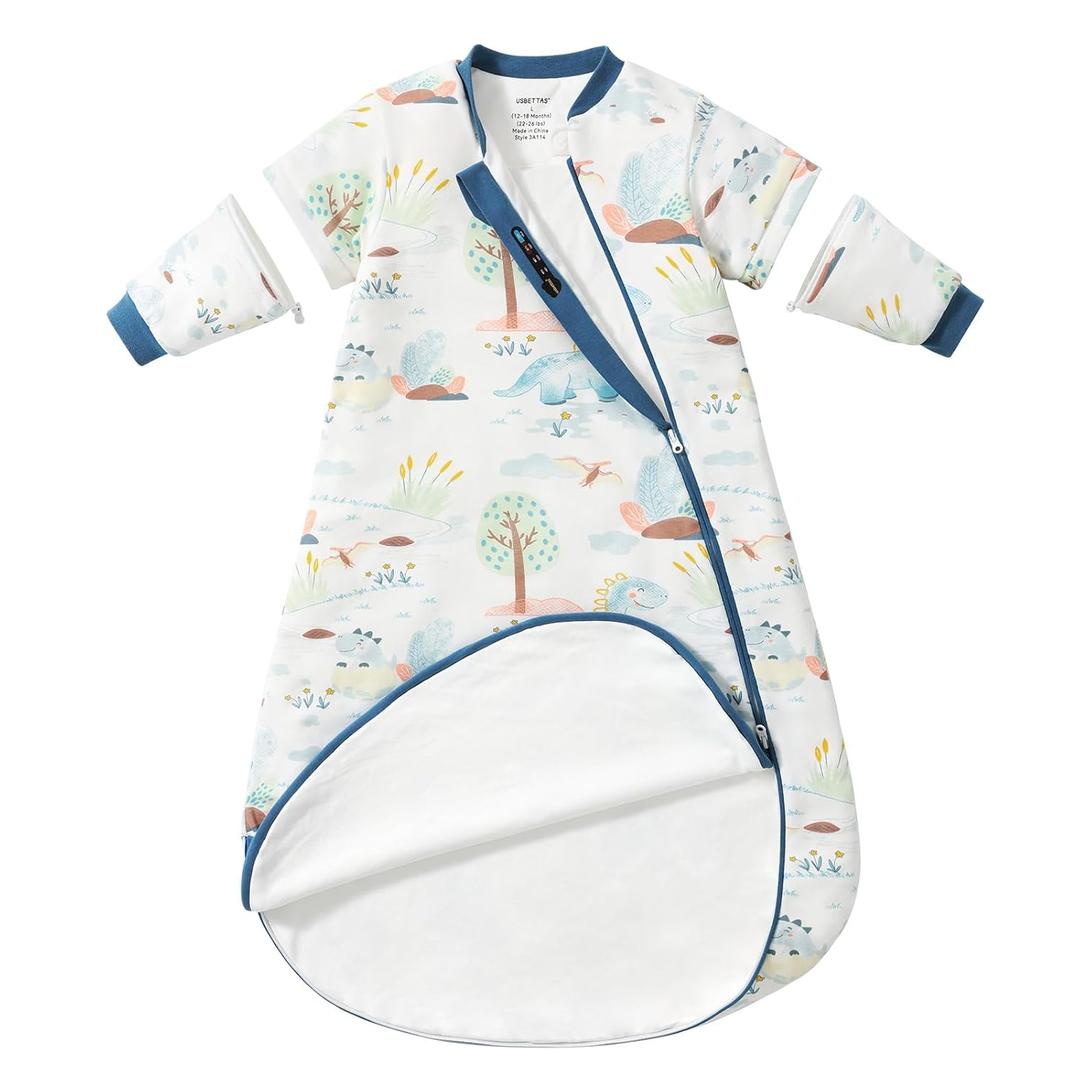 Baby Sleep Sack 1218 Months, Cotton Sleep Sack with Detachable Long Sleeves, 1.0 TOG Wearable Blanket for Cooler Nights, 2-Way Zipper Toddler Sleeping Sack with Temperature Strip, Dinosaur