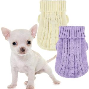 2 Pack Dog Sweaters for Small Dogs, Chihuahua Yorkie Sweater, Puppy Clothes Winter Warm Pullover Clothing, Pet Cat Cold Weather Puppy Cold Outfits (Beige+Purple Small)