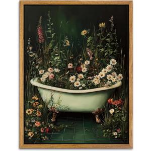 AtterrirArt Framed Funny Bathroom Wall Art, 12 * 16inch, Vintage Toilet Bowl Wall Decor, Moody Wildflowers Botanical Print, Dark Green Flower Canvas Wall art For Restroom, Bedroom, Ready to Hang (Commode)