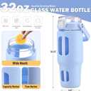 BLUEGO 32oz Glass Water Bottle with Handle and Straw|Leakproof Sports Glass Bottle with Time Marker and Silicone Sleeve|Glass Drinking Bottle for Travel, Gym, Workout, Blue