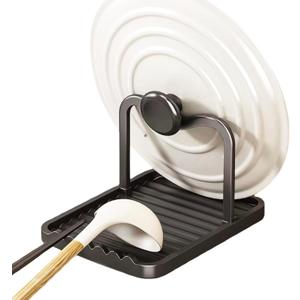 Anti-Rust Metal Spoon Rest with Lid Holder, Heat-Resistant Pot Lid Rest, Multifunctional Spatula Holder While Cooking for Stovetop and Kitchen Counter Black