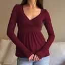 Womens Y2k Babydoll Tops Long Sleeve V Neck Lace Trim Peplum Blouse Fairy Grunge Teen Girls 00s Vintage Streetwear (Red, S)