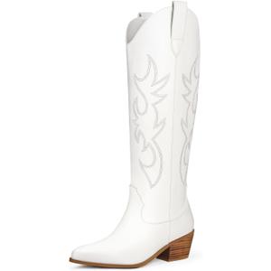 Ouepiano Cowboy Boots for Women Knee High Cowgirl Boots Embroidered Chunky Heels Pointed Toe Long Tall Western Boot Pull On (9, White)
