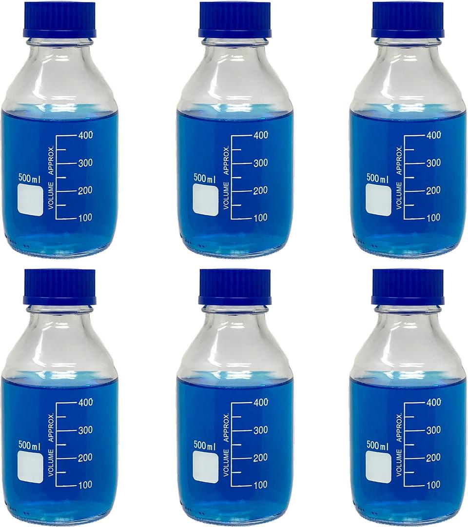 Karter Scientific 500ml Glass Round Media Storage Bottles with GL45 Screw Cap, Borosilicate Glass, 251M5 (Pack of 6)