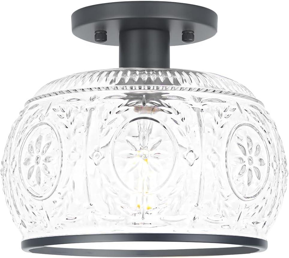 Black Vintage Semi-Flush Mount Ceiling Light with Globe Glass. Ideal for Small Kitchen, Closet, Hallway, Entryway, and Bathroom Lighting