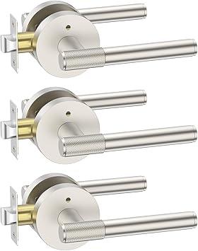 FILTA 3 Pack Brushed Nickel Privacy Door Handles, Knurled Door Levers Interior Champagne Bronze Door Lever Bathroom Door Knobs Heavy Duty Square Door Lock