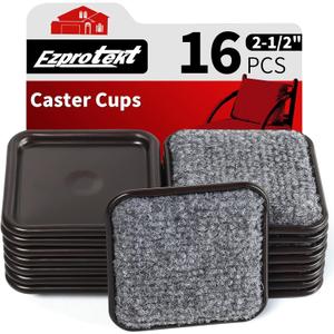 Ezprotekt 2 1/2" Square Carpet Bottom Furniture Caster Cups, 16 Pcs Reusable Furniture Coasters, Felt Furniture Sliders Pads to Protect Hardwood, Tile or Carpetd Floors from Scratches (Brown/Gray)