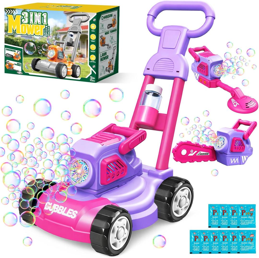 Bubble Lawn Mower for Kids Ages 3-8, 3-in-1 Bubble Machine with 10 Bubble Solution Refills, Outdoor Push Toy for Toddlers Boys Girls, Easter Summer Birthday Gift for 3+ Year Old