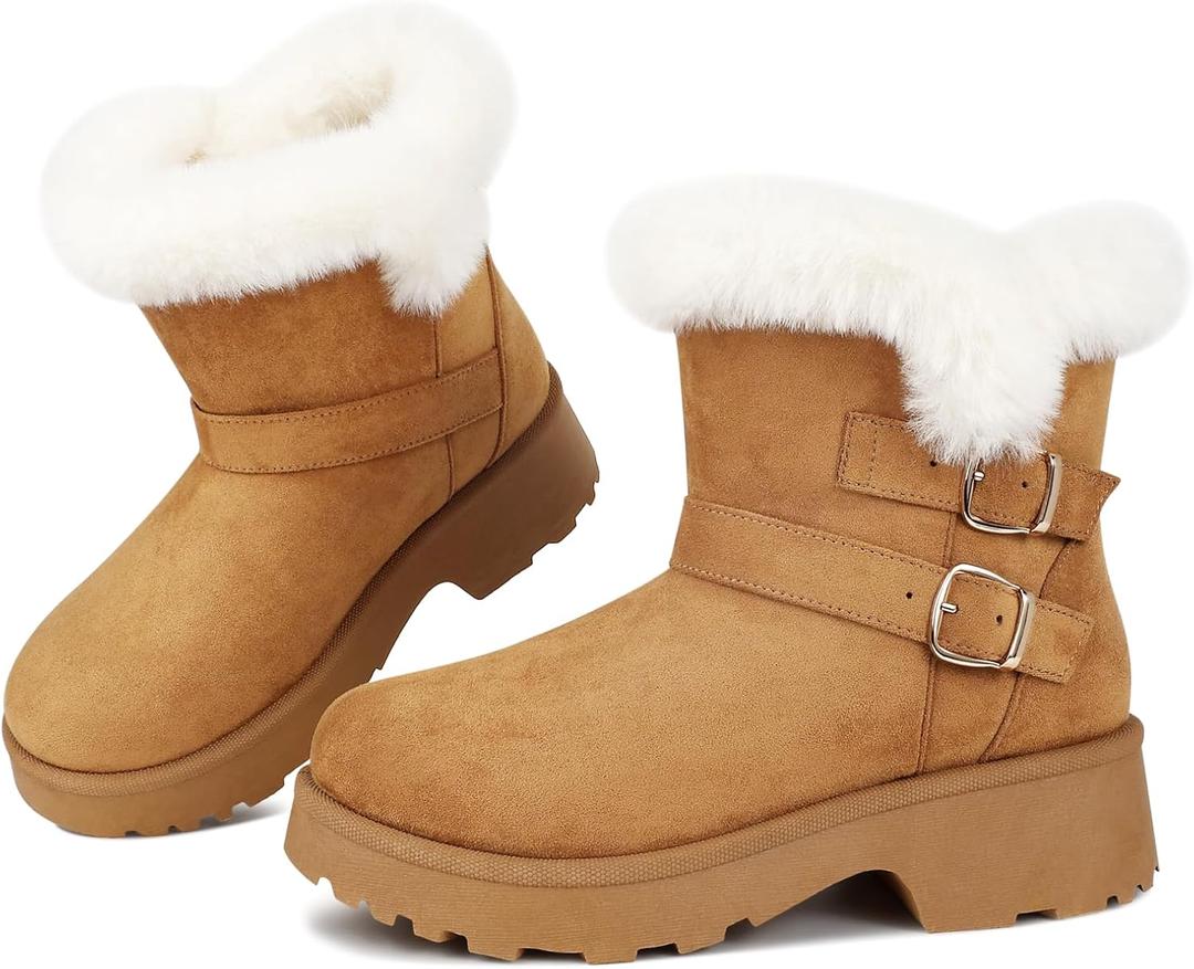 Platform Women's Ankle Winter Boot, Chunky Low Heel Snow Boots With Fashion Buckle Slip-On Cozy Outdoor Short Booties (6)