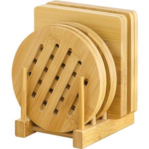 GHWIE Bamboo Trivet with Stand - Heat Resistant Pot Holders for Kitchen, Multi-Purpose Pads, Plate Mats, Large Stove Mat - Air Fryer Accessories and Trivets for Hot Dishes, 4 PCS