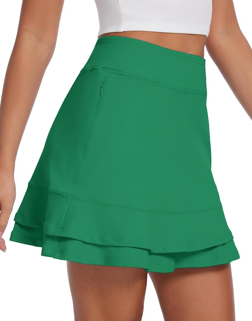 Womens Tennis Skirt 16" Skorts for Woman Dressy Casual High Waisted Golf Athletic Ruffle Skirts with Pockets (Medium Short, Green)