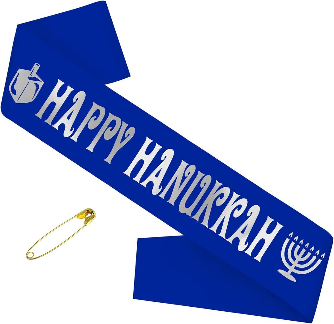 2 x Happy Hanukkah Sash, Blue Silver Happy Chanukah or Happy Hanukkah Sash, Merry Christmas Holiday Party Decorations, Ideas, Gifts, Jokes and Favors (Blue + Silver)