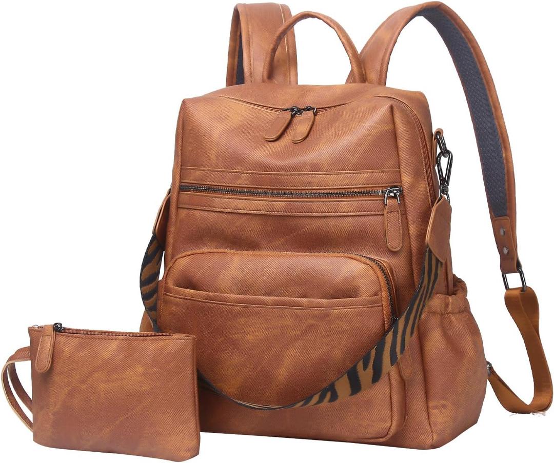 Women Backpack Purse Bag PU Leather Travel Backpack Purse for Women Ladies Shoulder Bags Satchel Handbag 2 Piece Brown