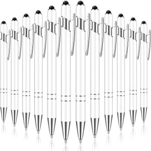 Tenare 12 Pieces 2 in 1 Stylus Metal Ballpoint Pen with Stylus Tip, 1.0 mm Black Ink Ballpoint Pen for Touch Screens(White)