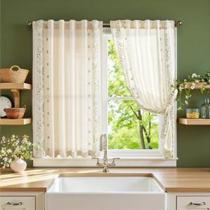 jinchan Winslow Linen Curtains 45 Inch Length Small Window Curtains Embroidered Bordered Floral Drapes Light Filtering for Bathroom Laundry Room Kitchen Farmhouse Decor Sage on Beige 2 Panels