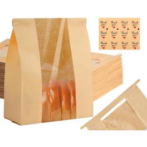 60 Pack Paper Bread Bags for Homemade Bread 14" X 8.3" X 3.5", Sourdough Bread Bags with Tin Tie Tab Lock Clear Front Window and Label Seal Stickers Bakery Bags for Cookies Bread and Treats