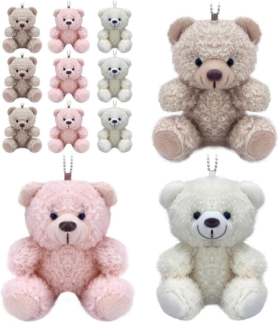 12 Pieces Mini Teddy Bear Bulk,4 inch Small Stuffed Animal Toy, Soft Plush Mini Teddy Bears for DIY Keychain Baby Shower Party Favors Graduation Keychain Bag Charm Supplies (Pink+Brown+White)