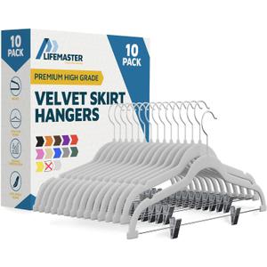 Lifemaster Velvet Skirt Hangers  with Adjustable Clips, 360 Degree Swivel Hook, and Non-Slip Shoulder Notch, Holds Up to 10 lbs, for Organizing Skirt, Pants, Dress, and Clothes, Pack of 10, White