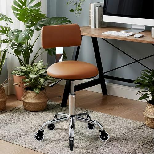 Rolling Stool Chair with Wheels, Office Drafting Chair with Back Support, Height Adjustable Standing Desk Stool with PU Leather Cushion for Home Office Kitchen Vanity Spa Garage Tattoo Dentist(Camel)