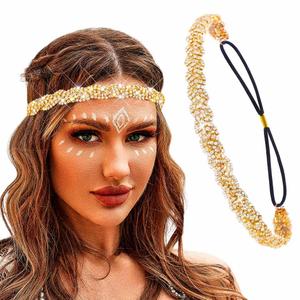 Fstrend Gold Elastic Rhinestone headbands Sparkly Crystal Braid Headpiece for Women (Gold, M) (1 Count (Pack of 1))
