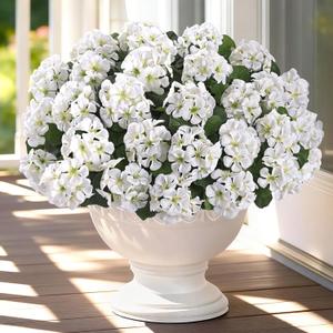 8 Bundles Artificial Flowers for Outdoors, Realistic Geraniums Fake Flowers for Decorations, UV Resistant Silk Faux Flowers Plants for Outside Garden Porch Planter Yard Patio Home Decor(White)