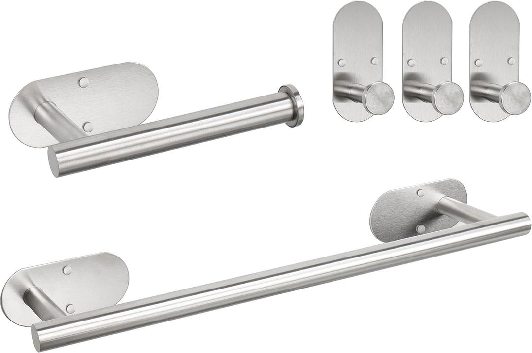 TocTen 5 Pieces Wall Mounted or Self Adhesive Towel Bar Set, Stainless Steel Bathroom Hardware Set Include 16 Towel Rack, Toilet Paper Holder, 3 Towel Hook, Sticky Bathroom Accessory Kit (Silver) (16 Inch with Holes, Brushed Nickel)