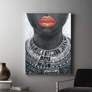 Black Girl Canvas Wall Art: Native African American Woman in Gold and Red Lip with Tribal Necklaces Framed Pictures Black Art Paintings for Bedroom Wall Decor Ready to Hang 24"x32"