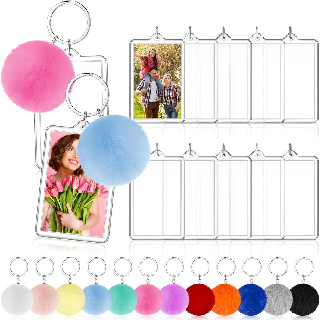Henoyso 12 Pcs Valentine Photo Keychain Acrylic Picture Keychains with Colorful Fluffy Poms Photo Ornament (2 x 3 Inches)