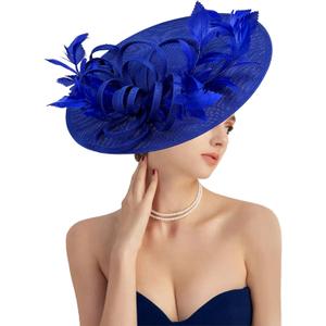 dressfan Fascinator Hats for Women,Linen Vintage Feather Headwear for Derby/Church/Wedding/Cocktail/Tea Party (Blue)