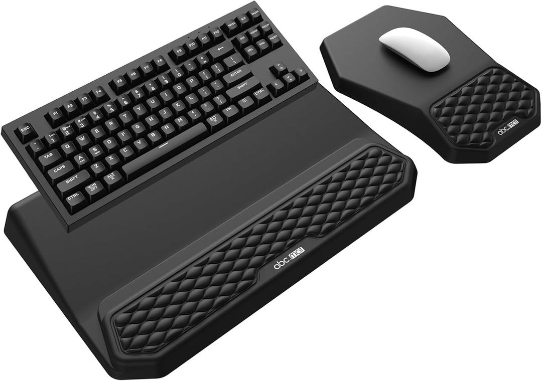 3-in-1 Ergonomic Keyboard Stand with Wrist Rest & Mouse Pad Set, Black | Comfy Keyboard Riser Holder Soft Mousepad with Massage Design, Memory Foam and Non-Slip PU Base for Pain Relief, Black