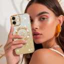 NITITOP Compatible with iPhone 16 Plus Case Cute Clear Glitter [Compatible for MagSafe] Plating Heart Sparkle Bling Magnetic Girl Women Electroplated Frame Camera Protection Back Cover - Gold