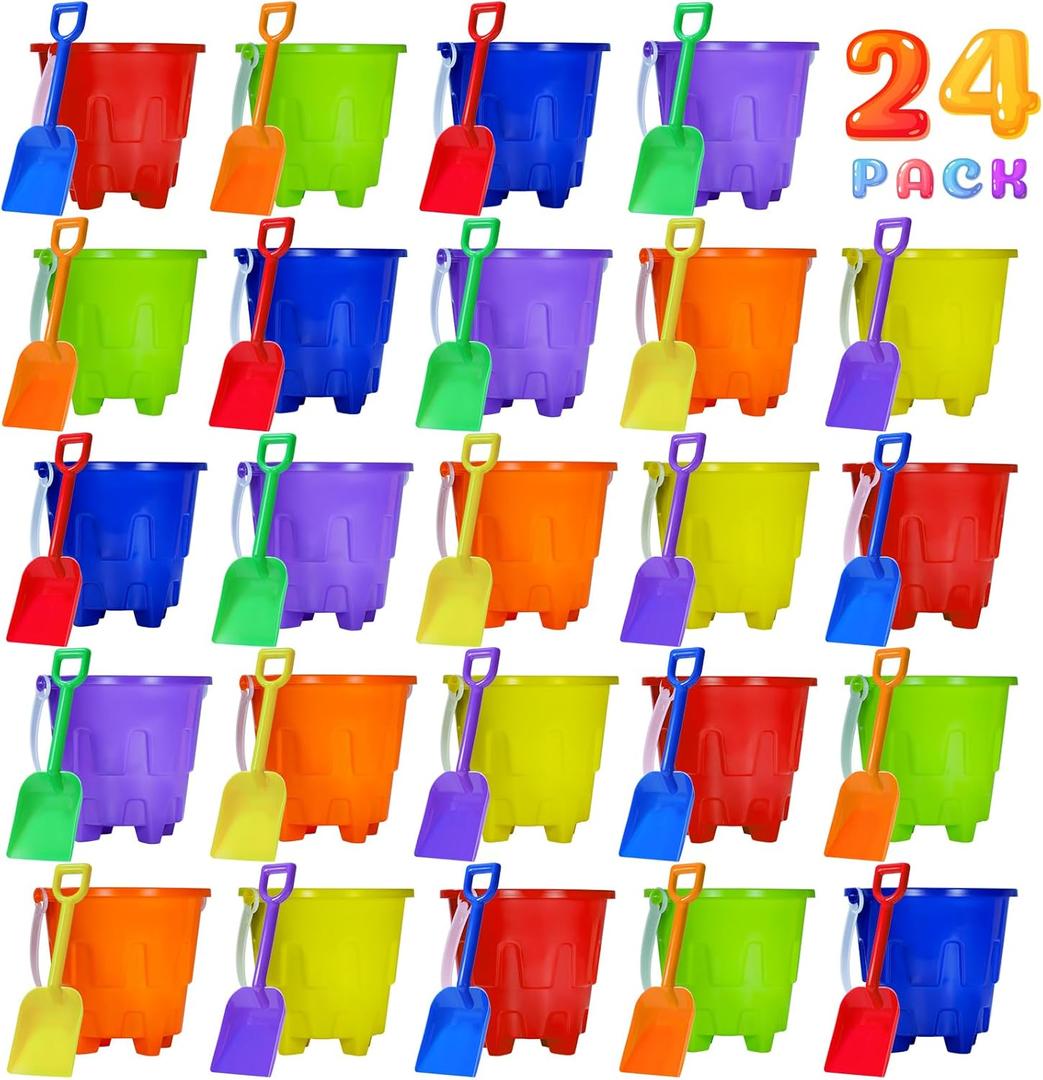 5 Inch Sand Castles Beach Buckets and Shovel Set,Sand Bucket Water Bucket for Beach Fun Great Summer Party Accessory24 Shovels and 24 Pail Buckets