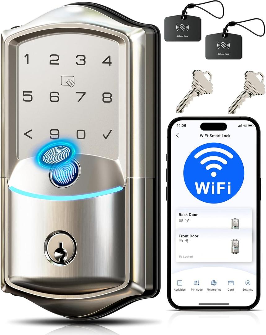 Veise VE027 Built-in Wi-Fi Smart Lock, Fingerprint Keyless Entry Front Door Lock, App Remote & Voice Control, No Hub Needed, Touchscreen Keypad Deadbolt, IP65 Waterproof, BHMA Grade 3, Satin Nickel