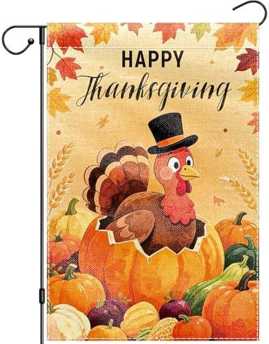 2 x XUEXIANSHU Happy Thanksgiving Garden Flags 12x18 Double Sided, Fall Thanksgiving Turkey Yard Flags for Outside Decorations, Small Burlap Autumn Yard Flag for Harvest Seasonal Outdoor Decor