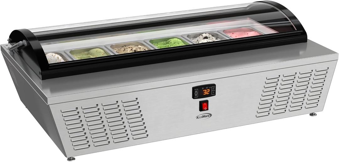 KoolMore KM-CGDR-6P 45 in. 6-Pan Countertop Ice Cream Display Freezer with Curved Glass Top, ETL Listed