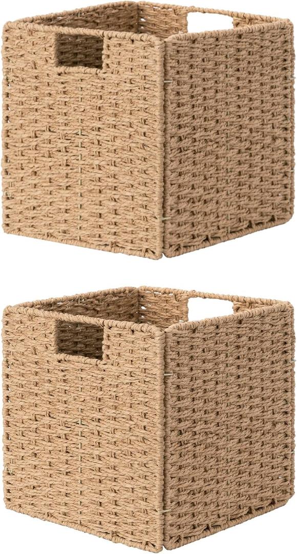 StorageWorks 11 inch Wicker Baskets, Handwoven Storage Cubes with Handles, Foldable Paper Rope Basket for Organizing, Brown, 2 Pack