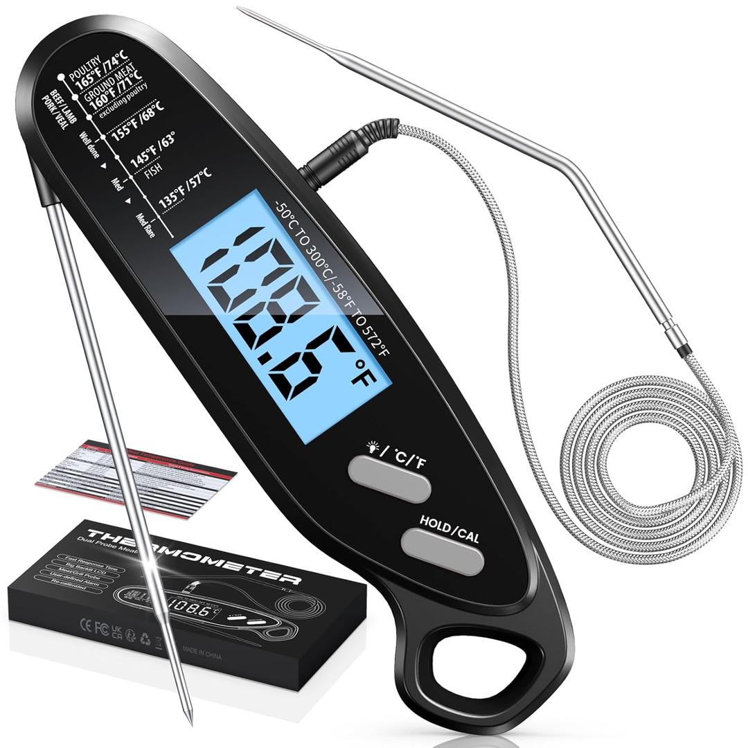 Vuwwey Instant Read Meat Thermometer Digital for Cooking & Grilling with Dual Probe, Big Backlit & Calibration, Food Thermometer for Grill, Smoker, BBQ, Oven, Oil Fry, Outdoor Kitchen Appliances (Black)