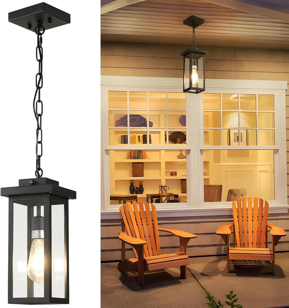 tewei 12.8'' Modern Outdoor Pendant Light, 1-Light Outdoor Hanging Lantern Light, Dusk to Dawn Matte Black Exterior Hanging Porch Light Fixture with Clear Glass, Outdoor Pendant Lights for Entryway