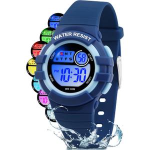 Juboos Kid's Digital Watch for Boys and Girls, Waterproof LCD Digital Sports Kids Watch with 7 Color LED Lights, Stopwatch, Alarm (Dark blue)
