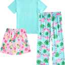 Funnycokid Girls Pajamas 3 Piece Short Sleeve Shirt Top Pants Shorts with Pockets 7-14 Years