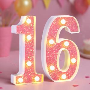 16th Birthday Decorations LED Light Up Numbers, Pink Marquee Lights Number 16 Sign for Girls Birthday Party Anniversary Home Decor