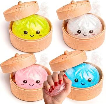 Glitter Dumpling Squishy Mystery Box - 2026 Upgraded Dumplings Squishes for Adults Teens Squeeze Easter Basket Stuffers Smiling Silver Pink Blue Yellow - 4 PCS