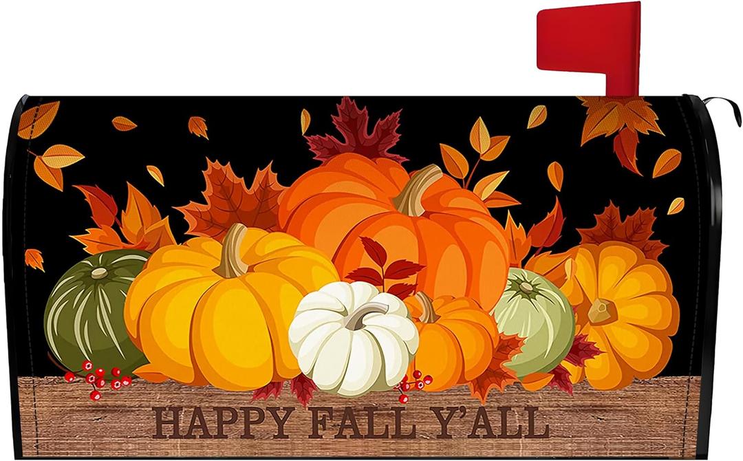 Fall Pumpkin Mailbox Cover 25.5x21 Inch, Happy Fall Y'all Post Letter Box Covers, Autumn Harvest Thanksgiving Magnetic Waterproof Mail Wraps for Outdoor Yard Garden Large Oversized Mailbox Decor