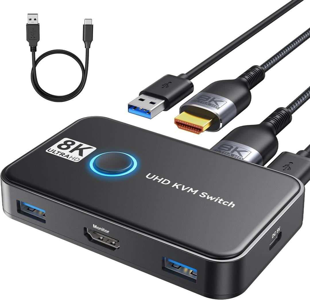 KVM Switch 1 Monitors 2 Computers Viagkiki USB Switch for 2 Computers Share Keyboard Mouse Printer and one HD Monitor Support UHD 8K@60Hz with 2 USB Cable and 2 HDMI Cable (Black)
