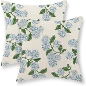 Blue Hydrangea Floral Pillow Covers 20x20 Set of 2 Spring Summer Floral Decorative Pillow Cases Rustic Flowers Decor Throw Pillows Holiday Outdoor Linen Farmhouse Cushion Case for Couch Sofa