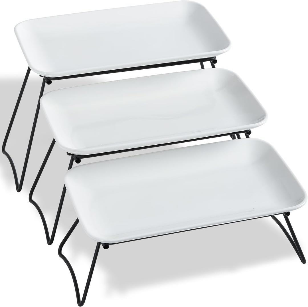HAPPY KIT 3 Tier Serving Tray Set and Tiered Tray Stand,12 Inch Widened Porcelain Platters with Freely Combinable Rack,Decor Cupcake Stand for Christmas Party Display,Dessert Trays Collapsible (Black)