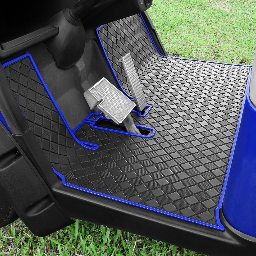 Golf Cart Floor Liner Mat 8mm Thick Rubber Full Coverage Only Fit for 2007-2016 Yamaha Drive (Gen1), G29, YDR, Adventurer Carts Diamond Deluxe Non-Slip Front Feet Mat Replacement - Blue Trim